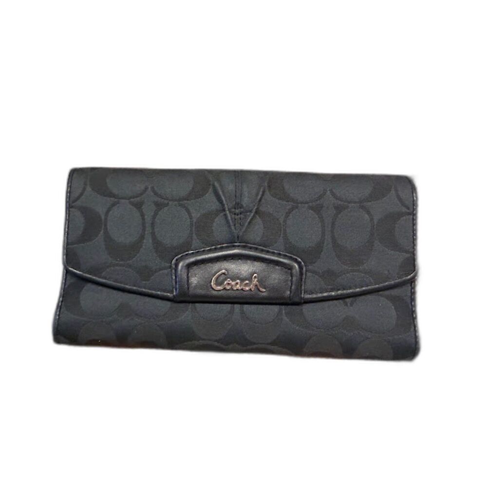 Coach Ashley Signature Sateen Checkbook Wallet Trifold Black y2k C Logo Print